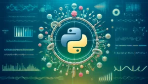 Python for Bioinformatics: Tools, Applications, Examples A visually engaging illustration representing Python in bioinformatics. DNA strands, protein structures, and phylogenetic trees