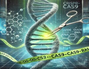 Depiction of CRISPR-Cas9 technology, DNA double helix being edited by molecular scissors Cas9 and guided by a ribbo