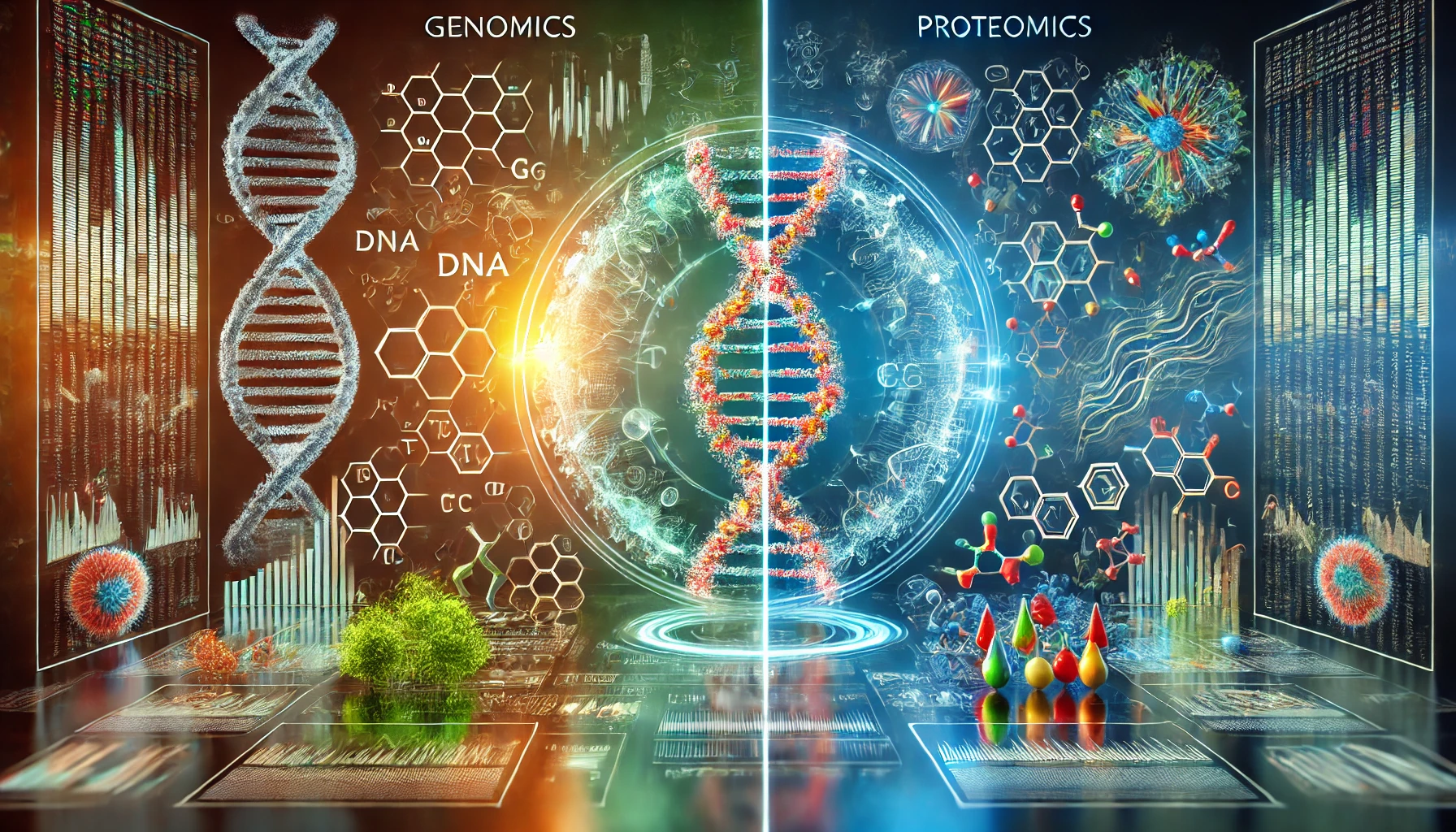 comparison of genomics and proteomics, two distinct halves. On the left, genomics is depicted with DNA double helix